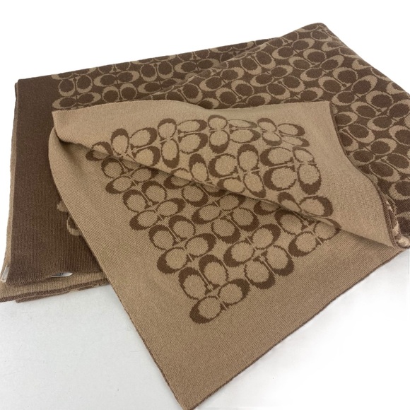 Coach Wool Blend Signature Logo Blanket Throw Wrap Large 39x57” Tan Brown Shawl - Picture 6 of 9